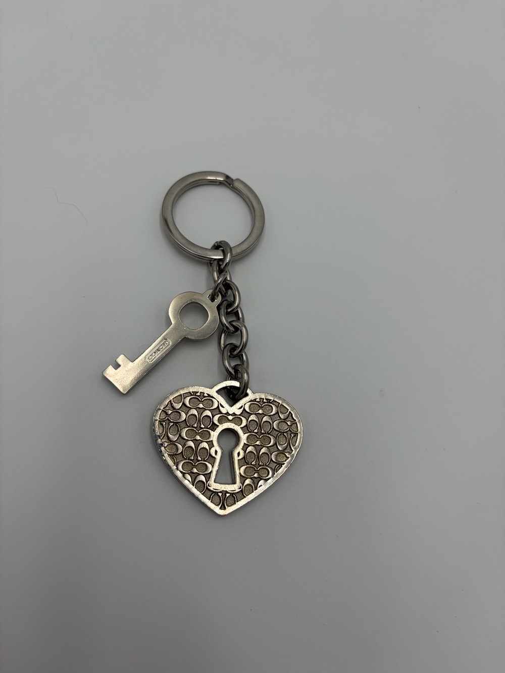 Coach Signature Heart Lock & Key Silver Keychain Bag Charm Fob